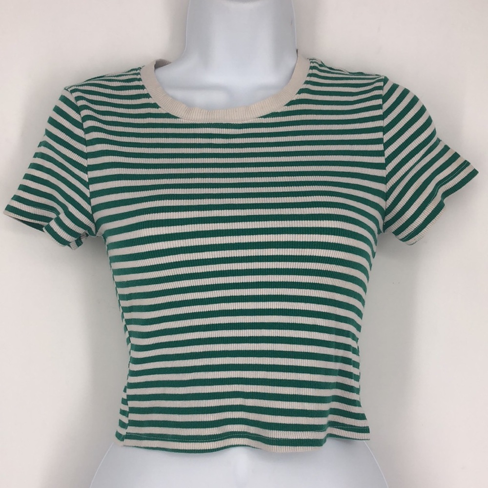 PS Basics White Green Striped Ribbed Shirt Top Tee Small